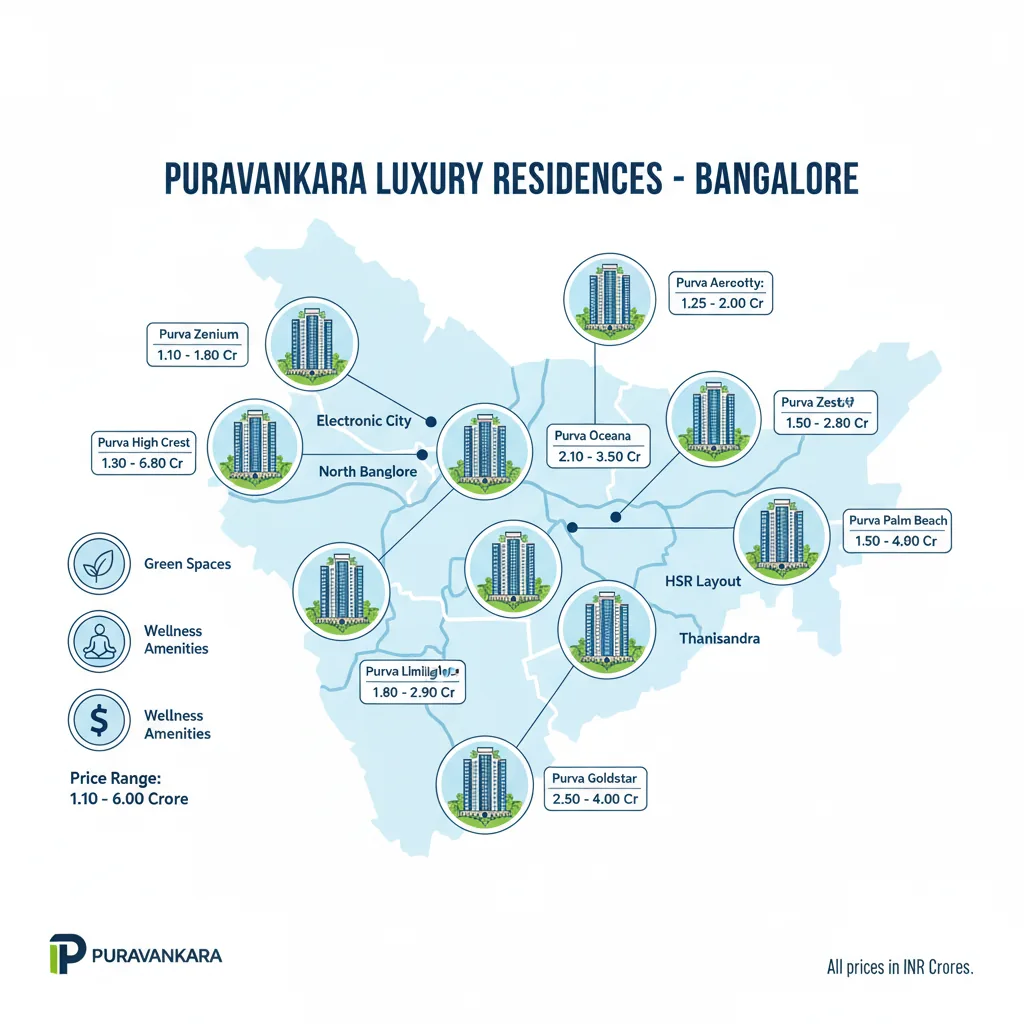 10 Best Puravankara Limited Apartments in Bangalore - Modern luxury residential apartment complex infographic showing premium properties across Bangalore city map