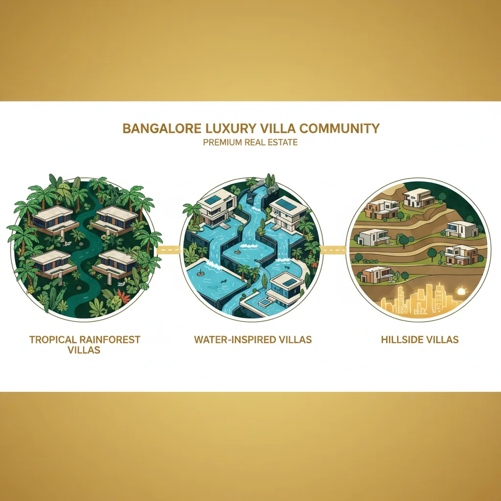 Aerial view of three luxury villa communities in Bangalore featuring tropical rainforest, water-inspired, and hillside themed residential projects