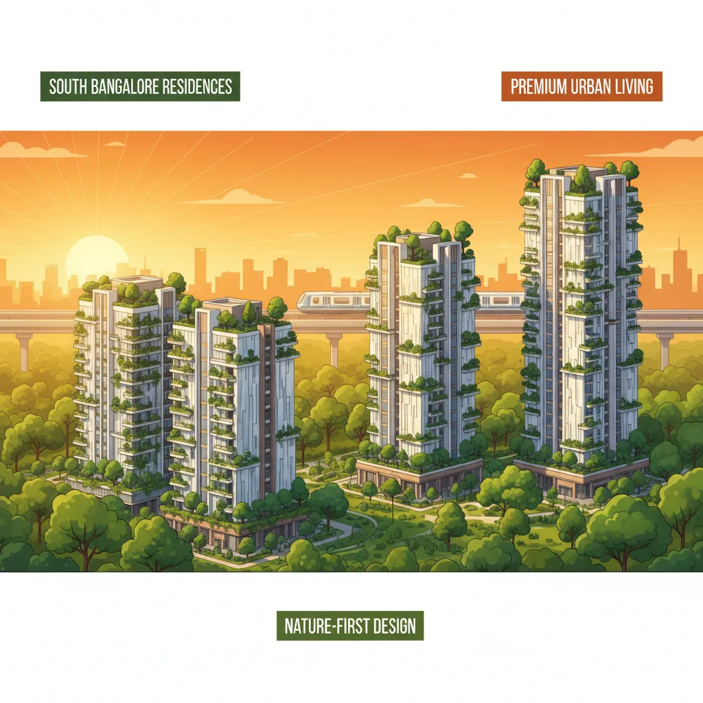 Modern luxury residential high-rise apartment towers in South Bangalore surrounded by lush greenery and urban forest landscaping