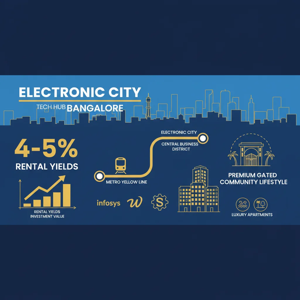 Average rental demand infographic for Electronic City Tech Hub showing 4-5% yields and metro connectivity