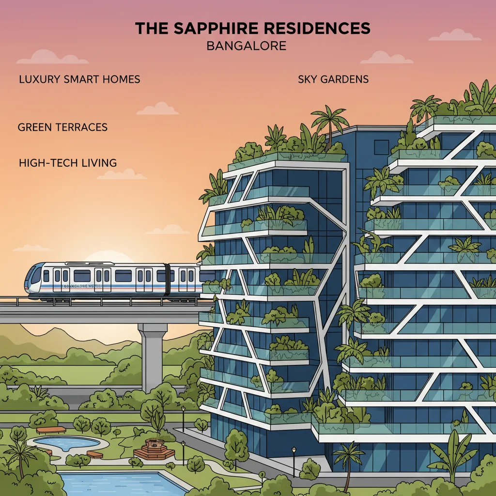 Modern luxury residential apartment complex in Bangalore with smart homes, green terraces, and open sky gardens