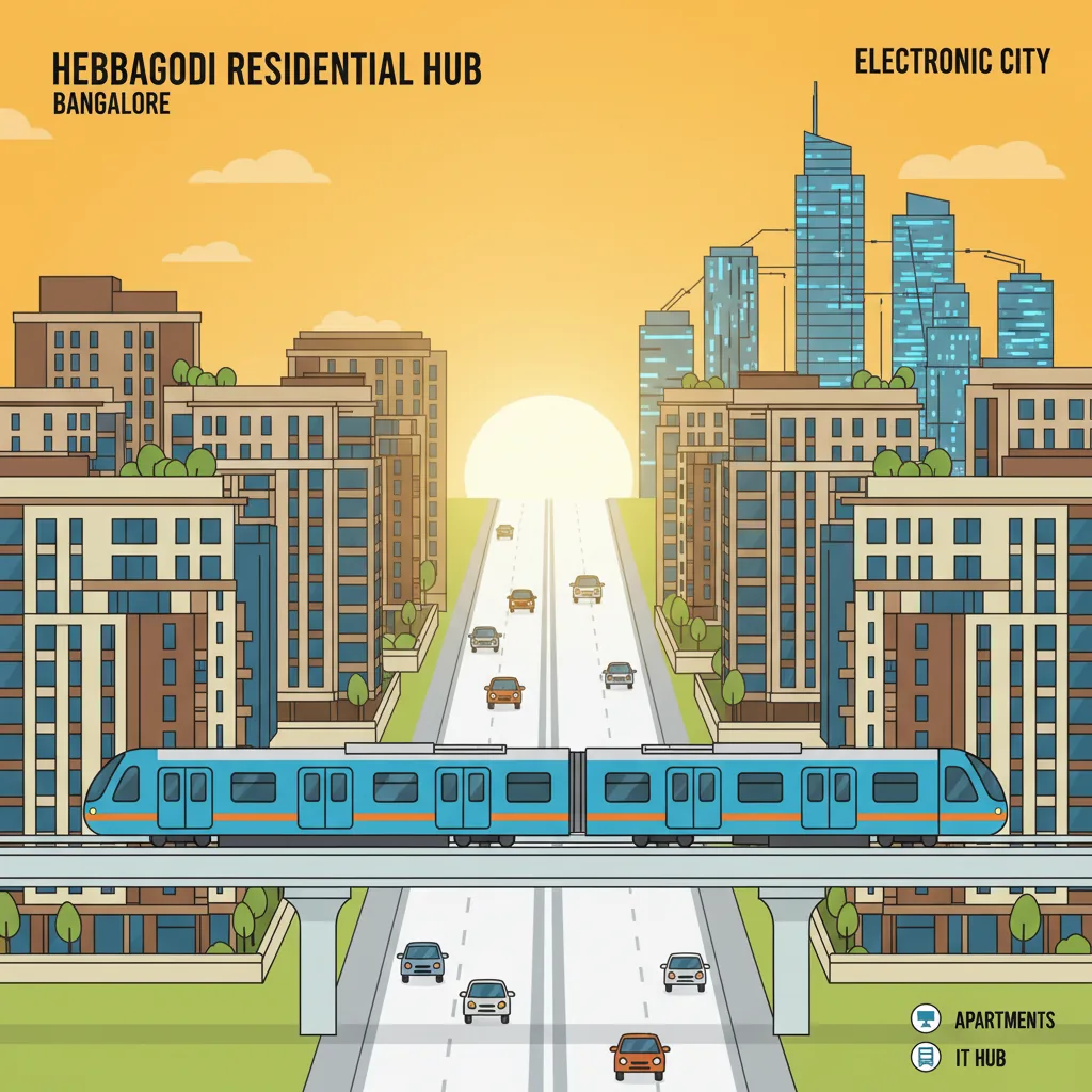 Modern residential skyline of Hebbagodi Bangalore with metro train on elevated track