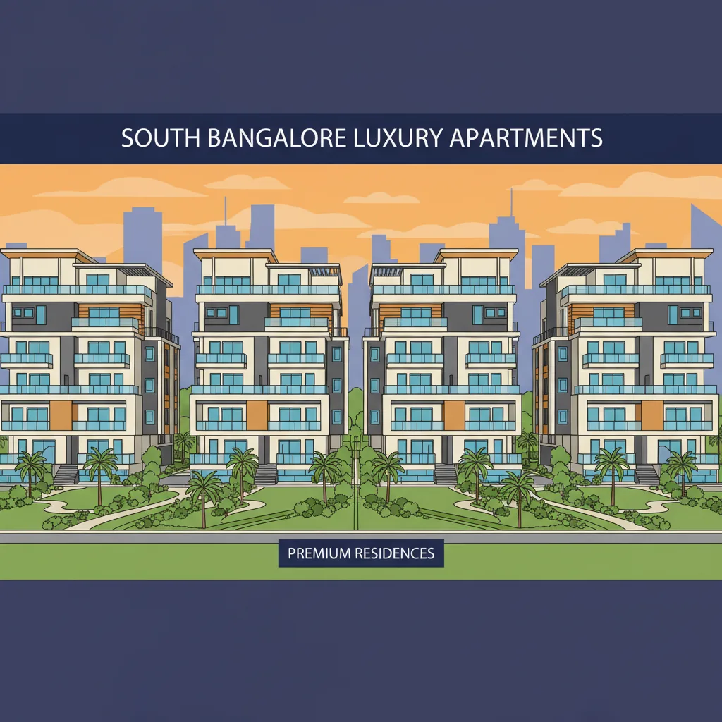 Modern luxury apartment buildings in South Bangalore with green gardens and sunset skyline
