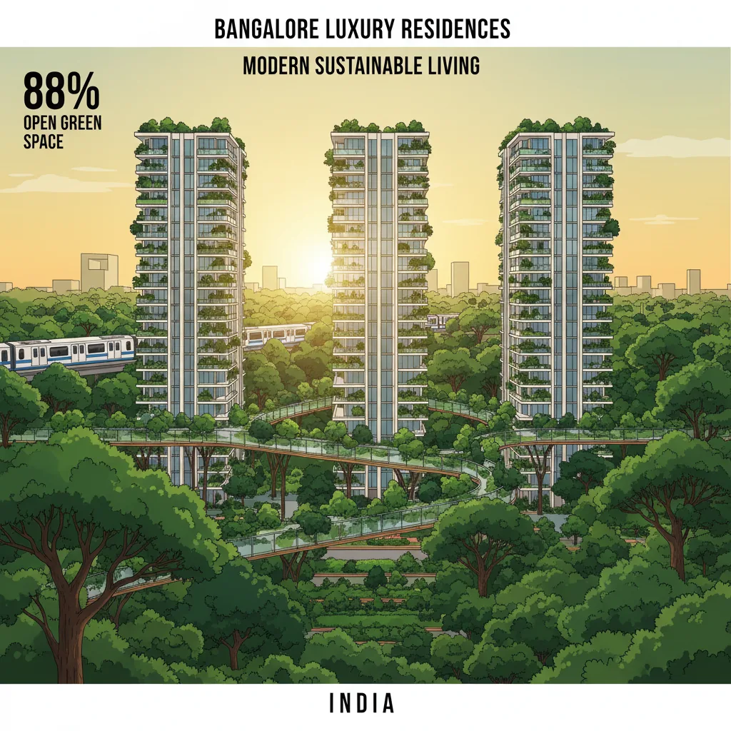 Modern luxury residential tower surrounded by lush green forest landscape in Bangalore with canopy walkways and metro connectivity