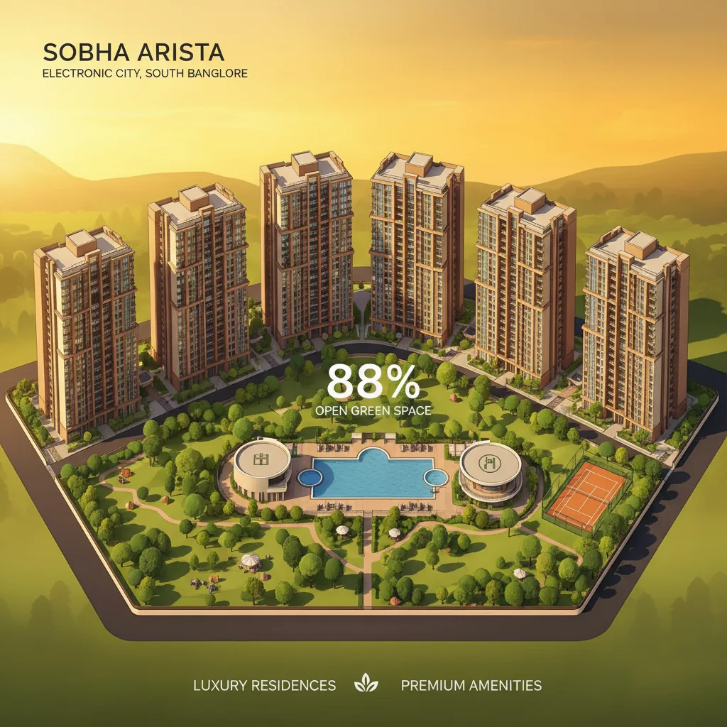 Modern luxury residential apartment towers in South Bangalore Electronic City area with lush green open spaces and forest-themed landscaping