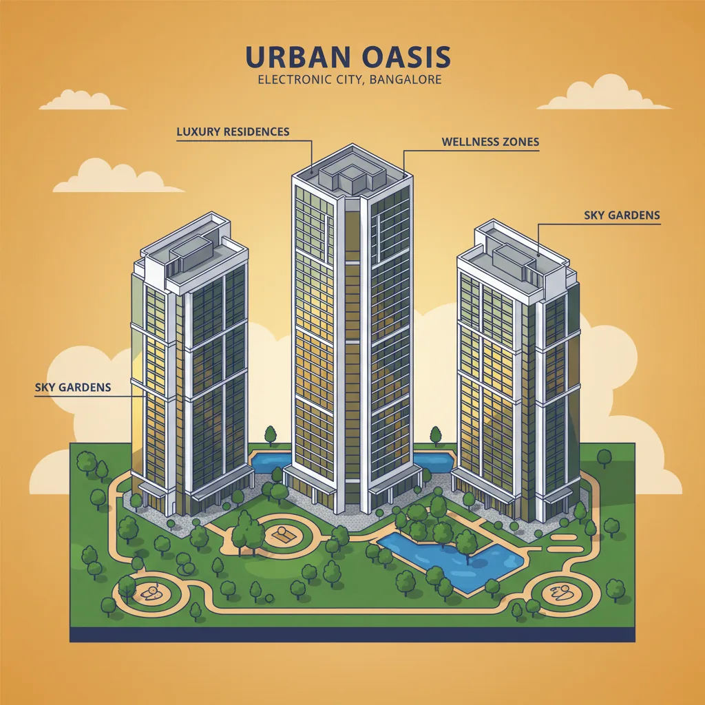 Modern luxury high-rise residential towers in Electronic City Bangalore with expansive green landscapes, three skyscrapers surrounded by gardens and wellness amenities