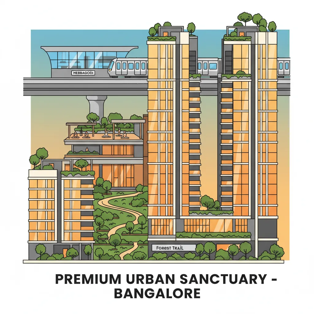 Modern luxury residential high-rise towers in Hebbagodi Bangalore at golden hour with wellness amenities and metro station in background