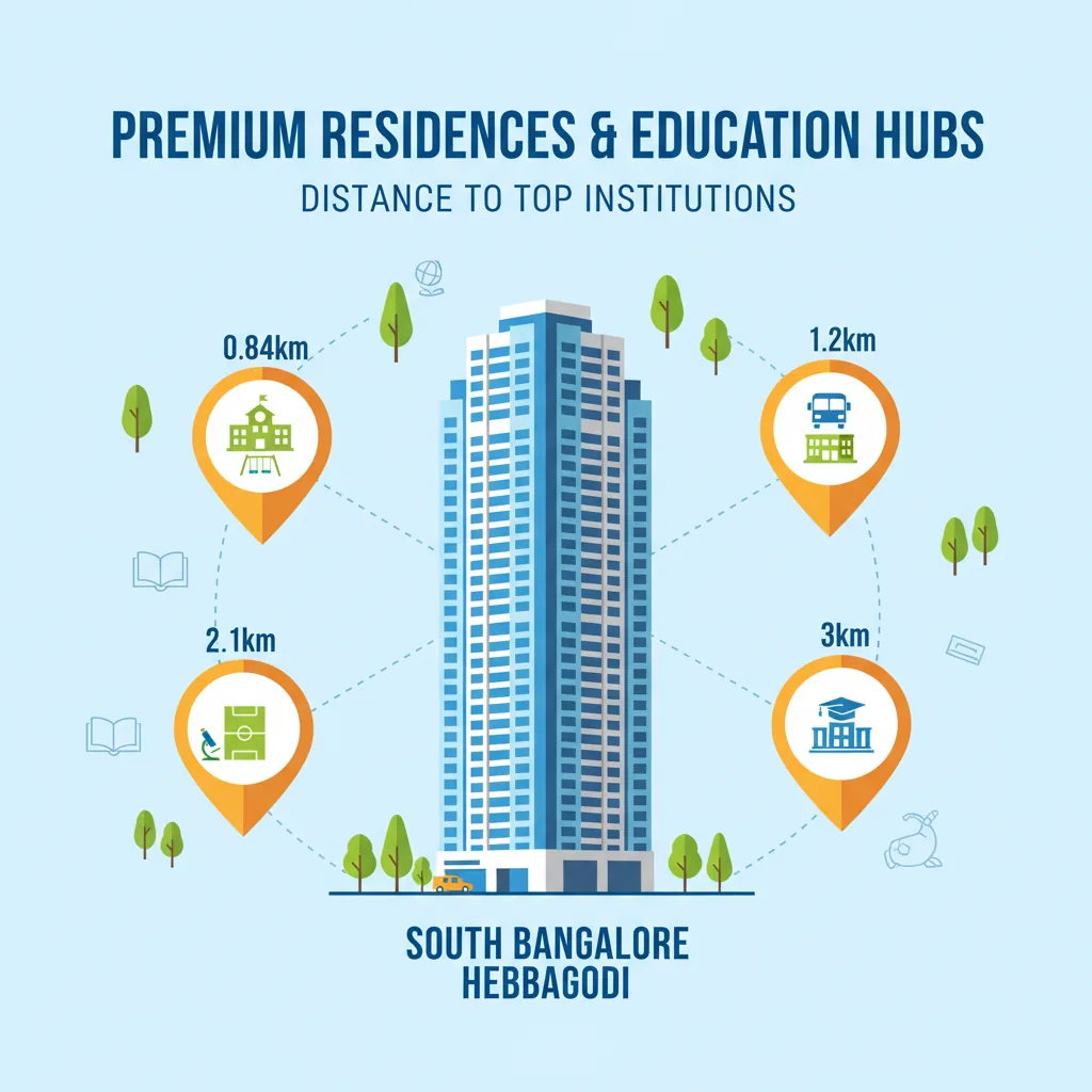 Educational infographic showing best schools near Purva Silver Sky residential high-rise with distance markers to SFS Academy, NPS Electronic City, and other schools in Hebbagodi