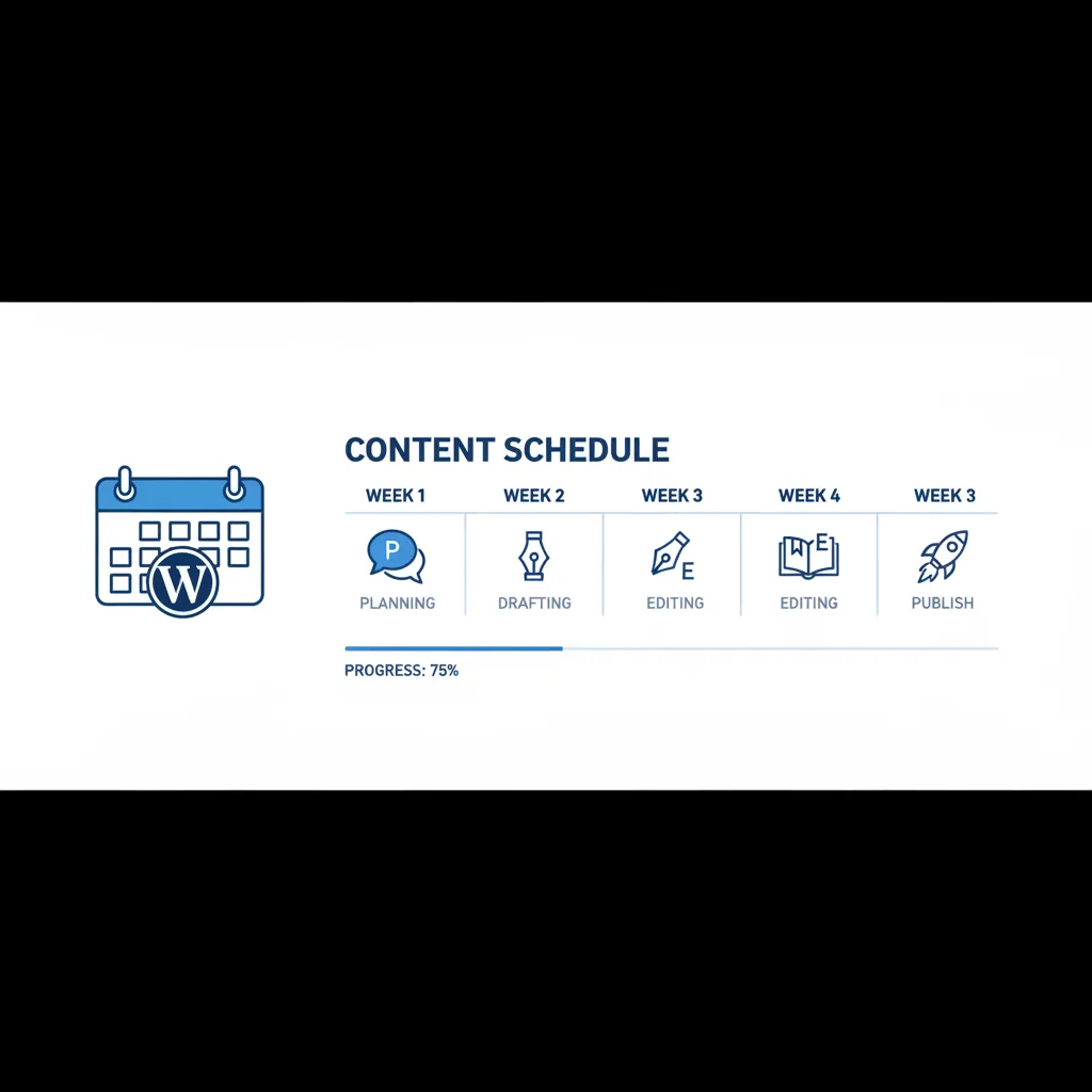 Content Schedule - Profile: Clean modern infographic showing calendar schedule icon with WordPress logo