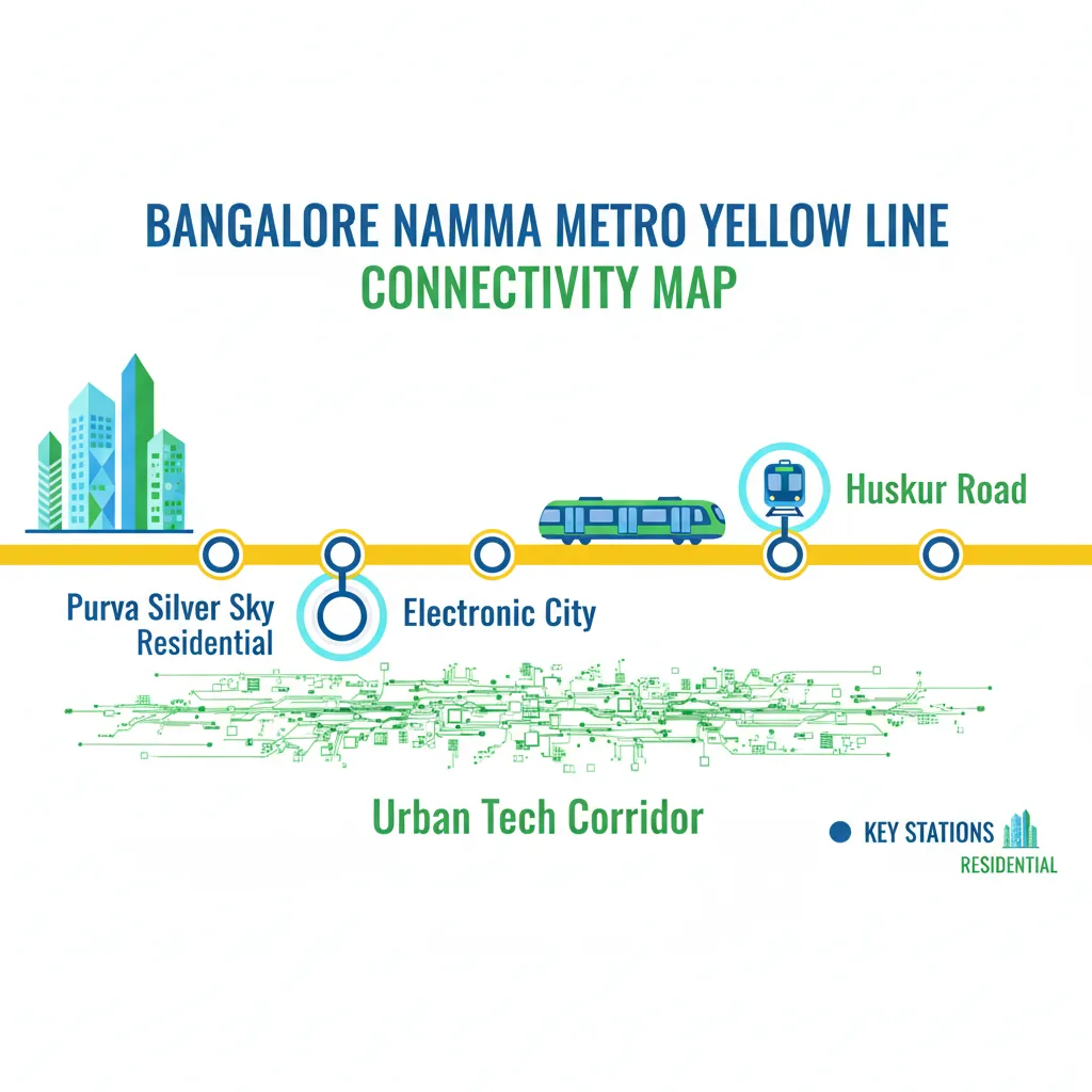 Bangalore Namma Metro Yellow Line connectivity map showing Electronic City and Huskur Road stations with Purva Silver Sky residential towers