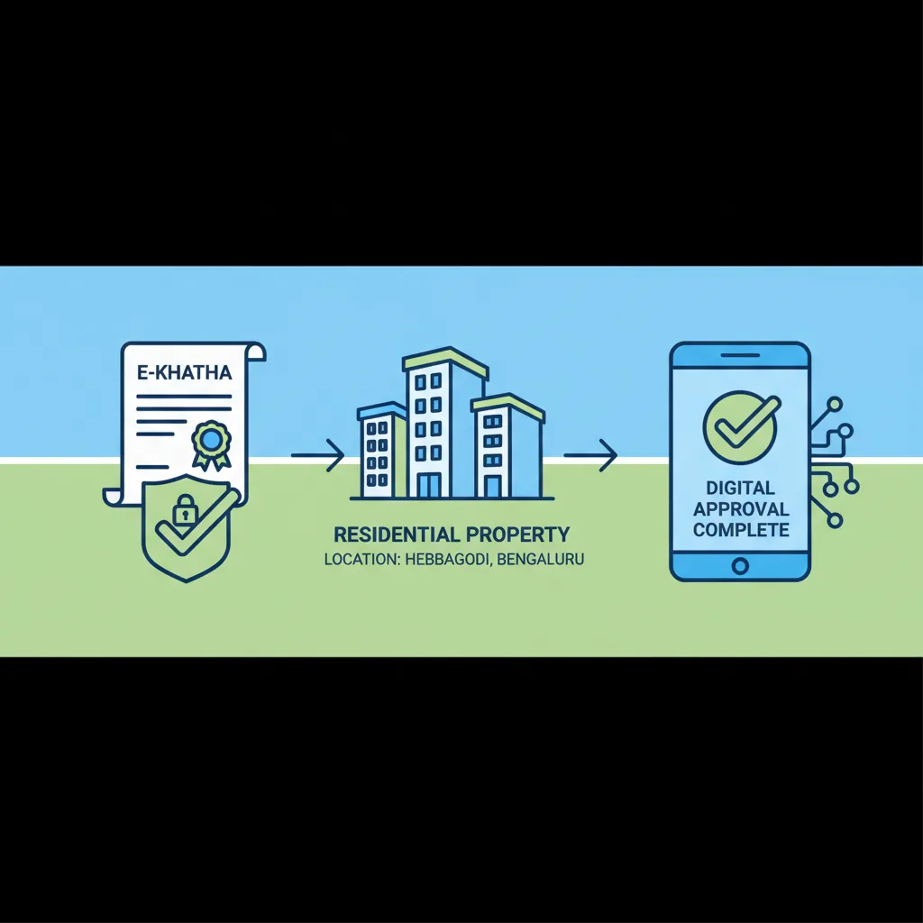 Modern real estate infographic showing E-Khatha digital land record approval for residential property in Bengaluru, featuring official government document icon, digital verification badge, green checkmark, property location Hebbagodi, modern apartment buildings, clean professional design with blue and green color scheme