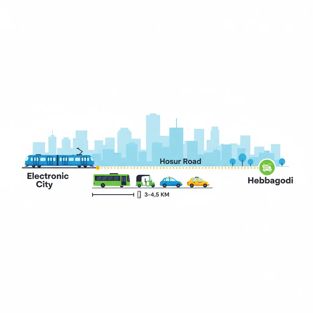 Infographic showing travel route from Electronic City to Hebbagodi via Metro, BMTC bus, and taxi on Hosur Road corridor
