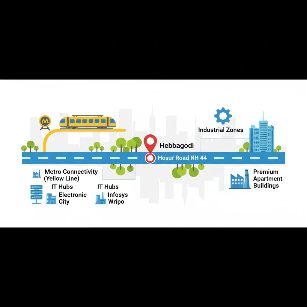 Exploring Areas Near Hebbagodi: Residential infographic showing location on Hosur Road with metro connectivity and IT hubs