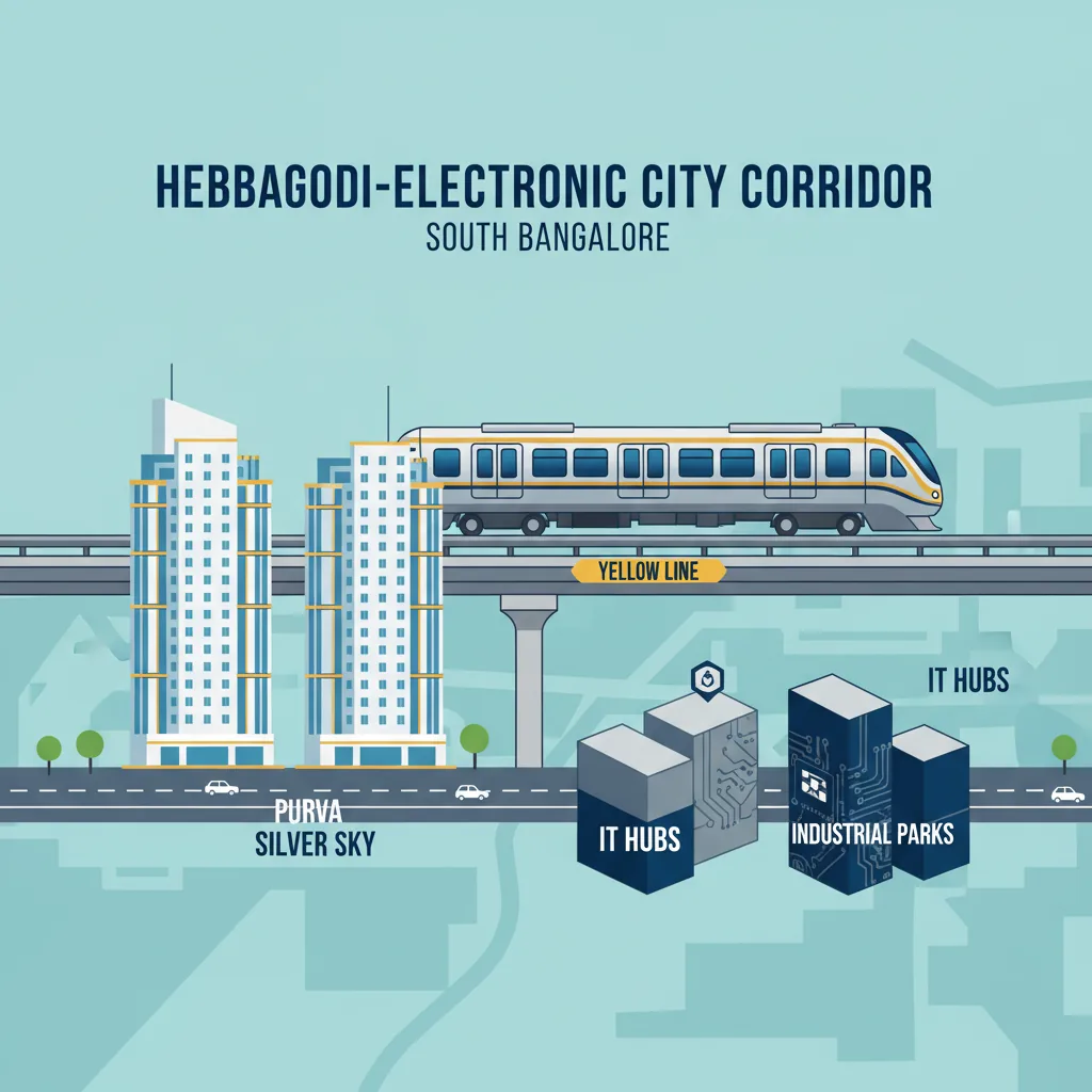 Hebbagodi-Electronic City corridor infographic showing metro connectivity and luxury residential towers