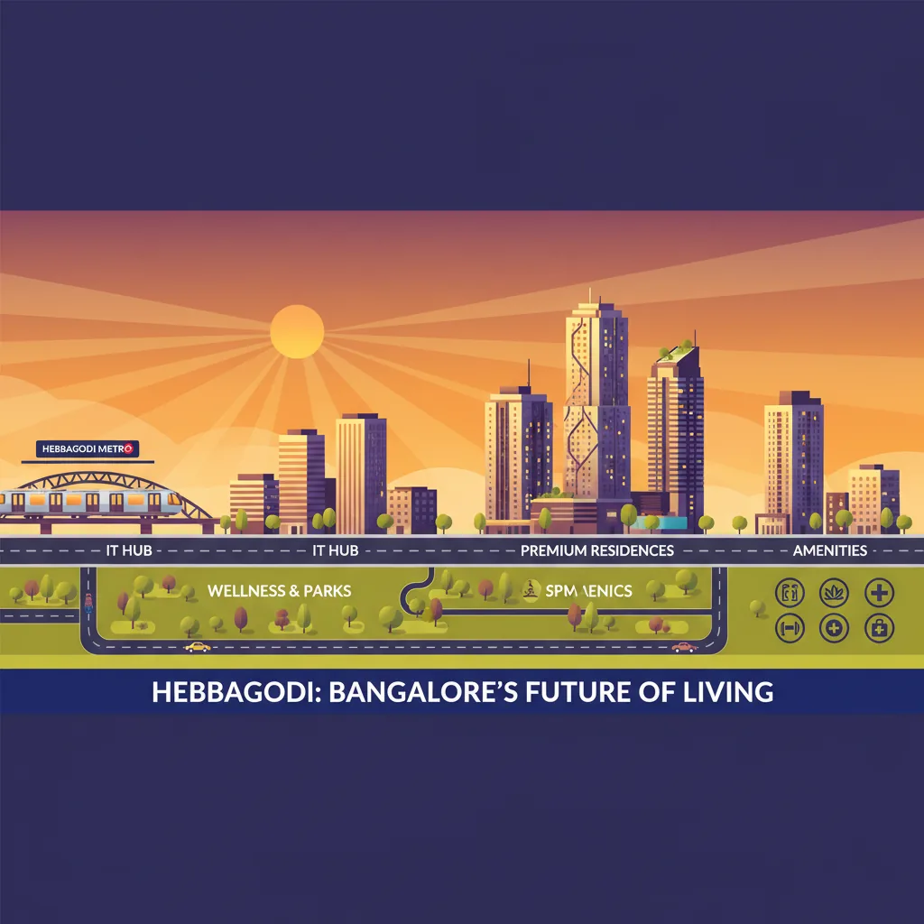 Hebbagodi Real Estate Market 2026: Modern residential real estate infographic showing Hebbagodi Bangalore skyline with metro connectivity and premium apartment towers