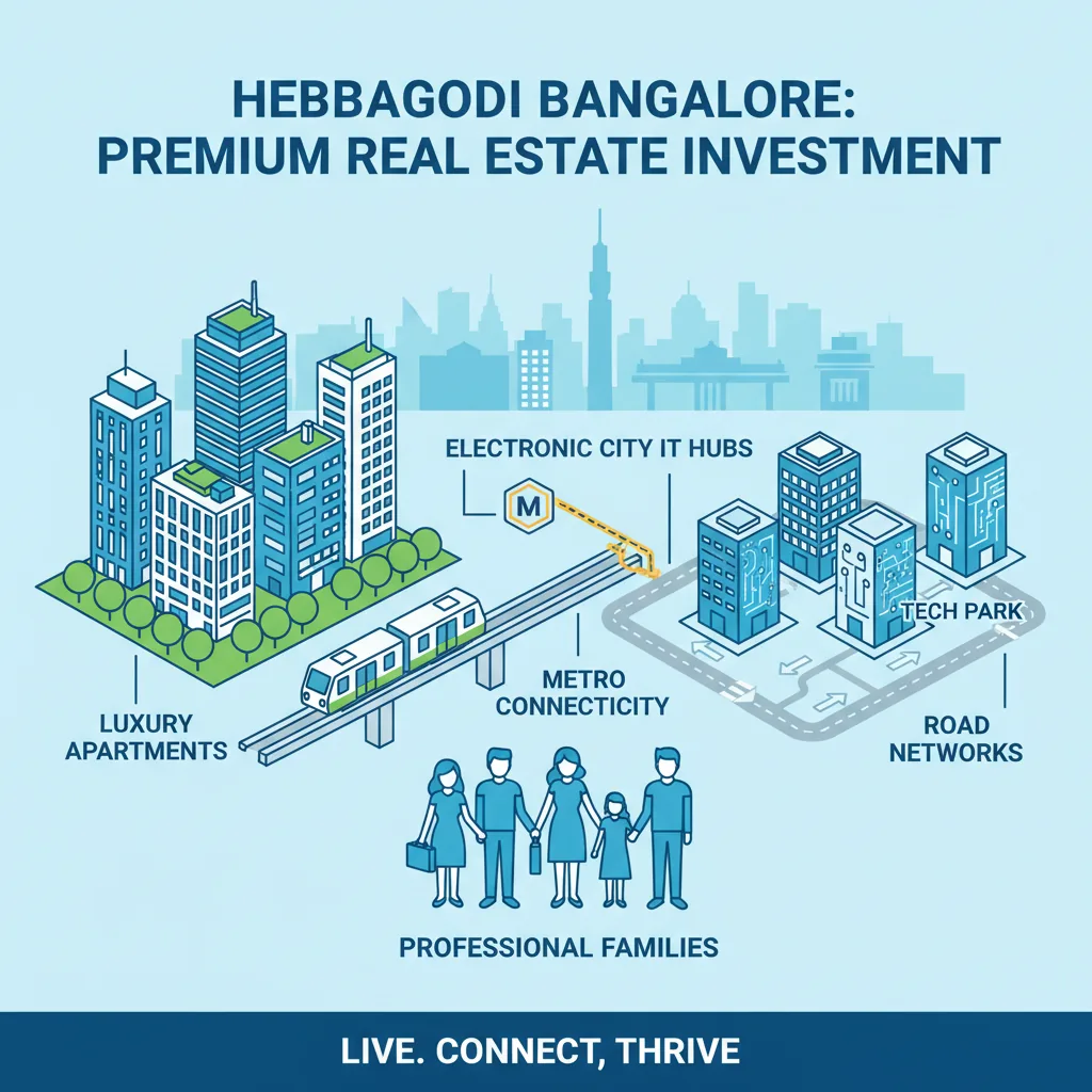 Modern residential real estate infographic showing Hebbagodi Bangalore location near Electronic City IT hubs - Hebbagodi real estate investment guide