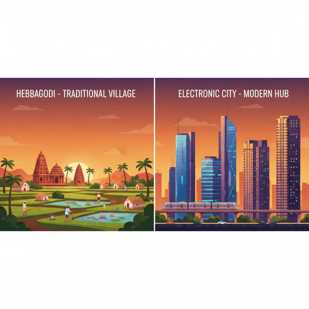 Infographic showing Hebbagodi's transformation from traditional South Indian farming village to modern Electronic City tech hub with metro and luxury towers