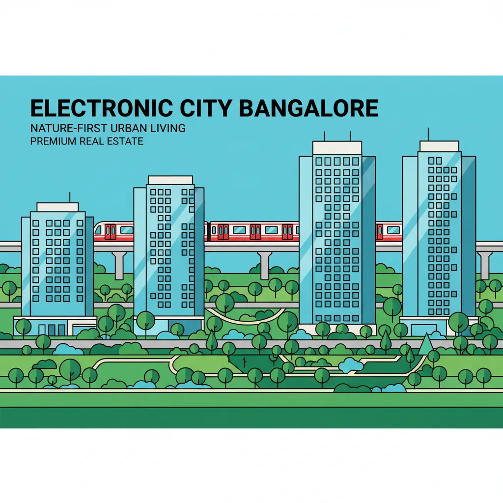 Modern architectural visualization of Electronic City Bangalore skyline featuring sleek glass residential towers surrounded by lush green parks and landscaped gardens