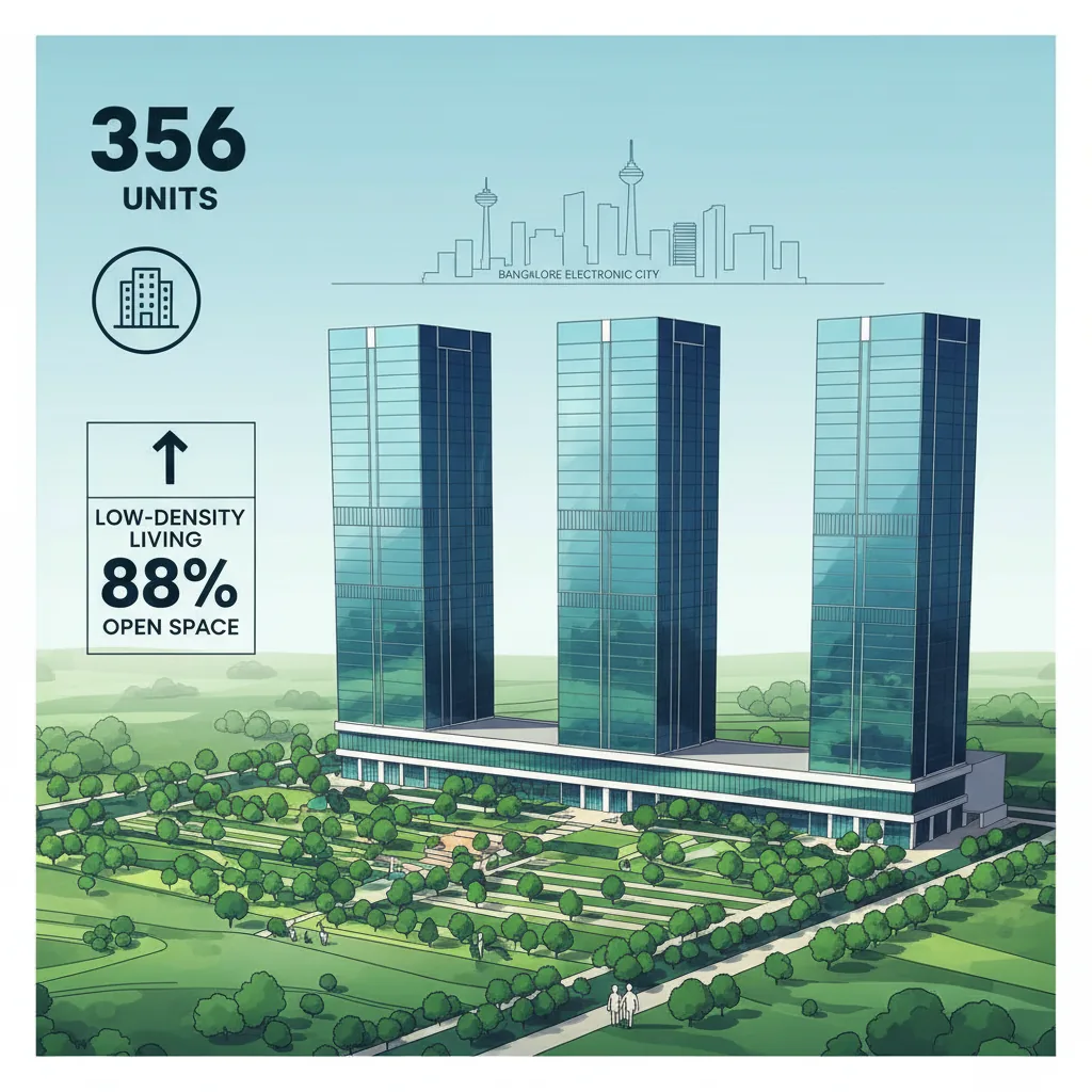 Modern luxury residential towers with glass facades, aerial view of 3 high-rise buildings in Bangalore Electronic City