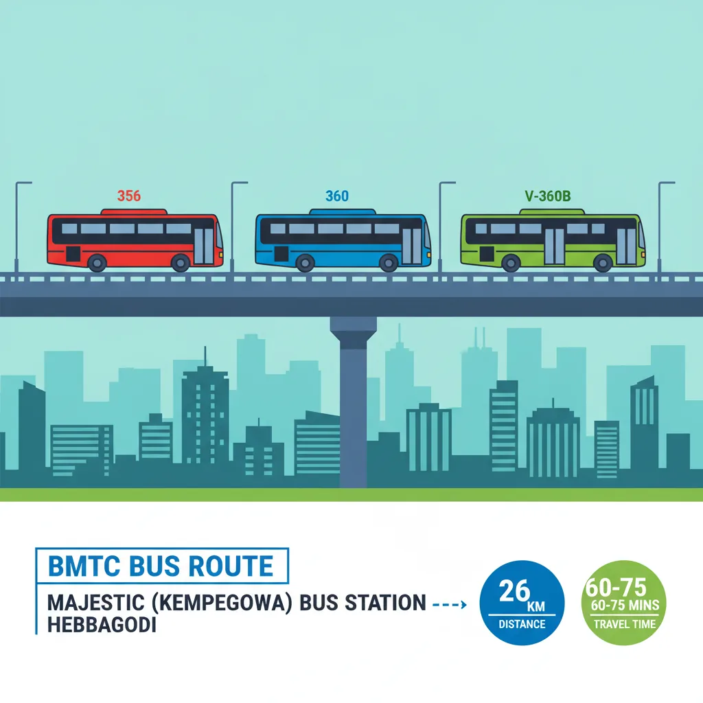 Infographic style illustration showing BMTC bus route from Majestic to Hebbagodi in Bangalore