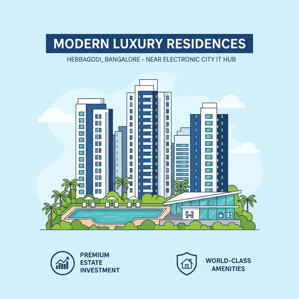 Modern luxury residential apartment complex with high-rise towers, lush green landscaping, swimming pool, and clubhouse amenities at Purva Silver Sky Hebbagodi near Electronic City IT hub