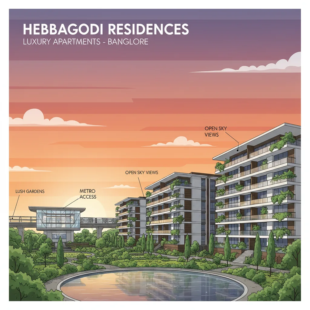Modern luxury residential apartment complex in Hebbagodi Bangalore with lush green gardens and metro station in background