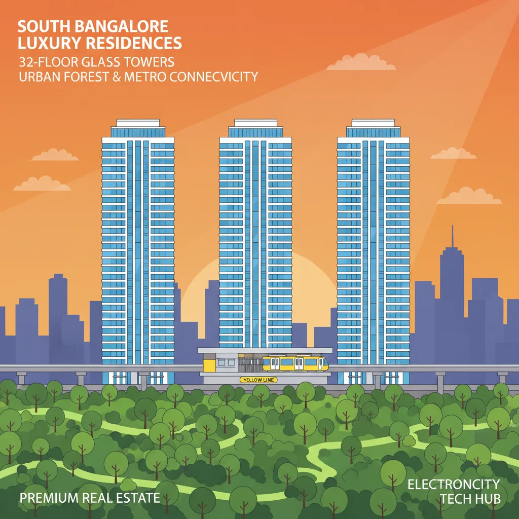 Modern architectural visualization of luxury residential towers in South Bangalore with Yellow Line Metro connectivity and urban forest concept