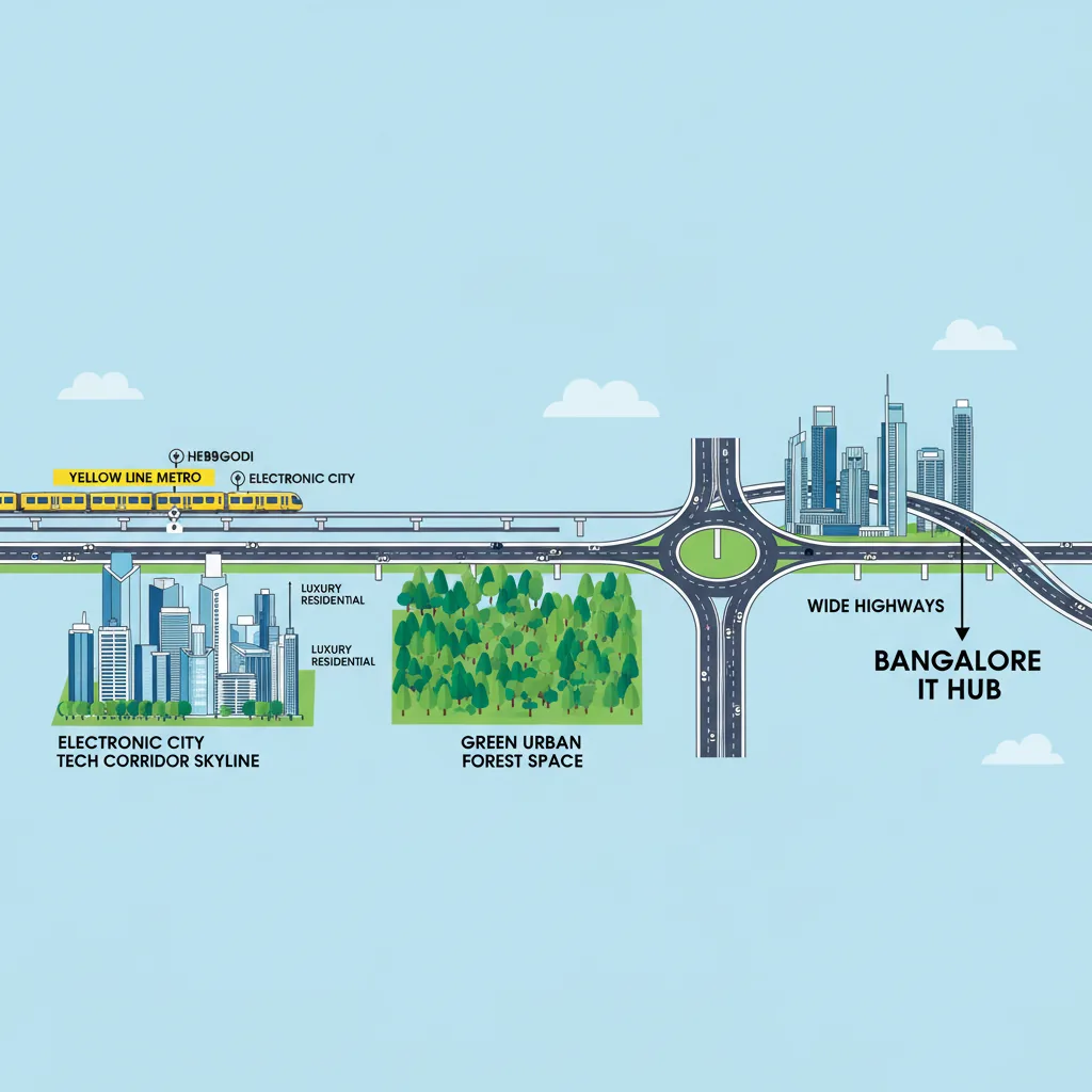 Modern urban landscape of Hebbagodi with Yellow Line Metro stations, Electronic City tech corridor, luxury residential towers, and green urban spaces