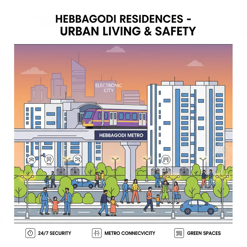 Is Hebbagodi safe for families and IT professionals - modern infographic showing metro-connected residential area with gated communities