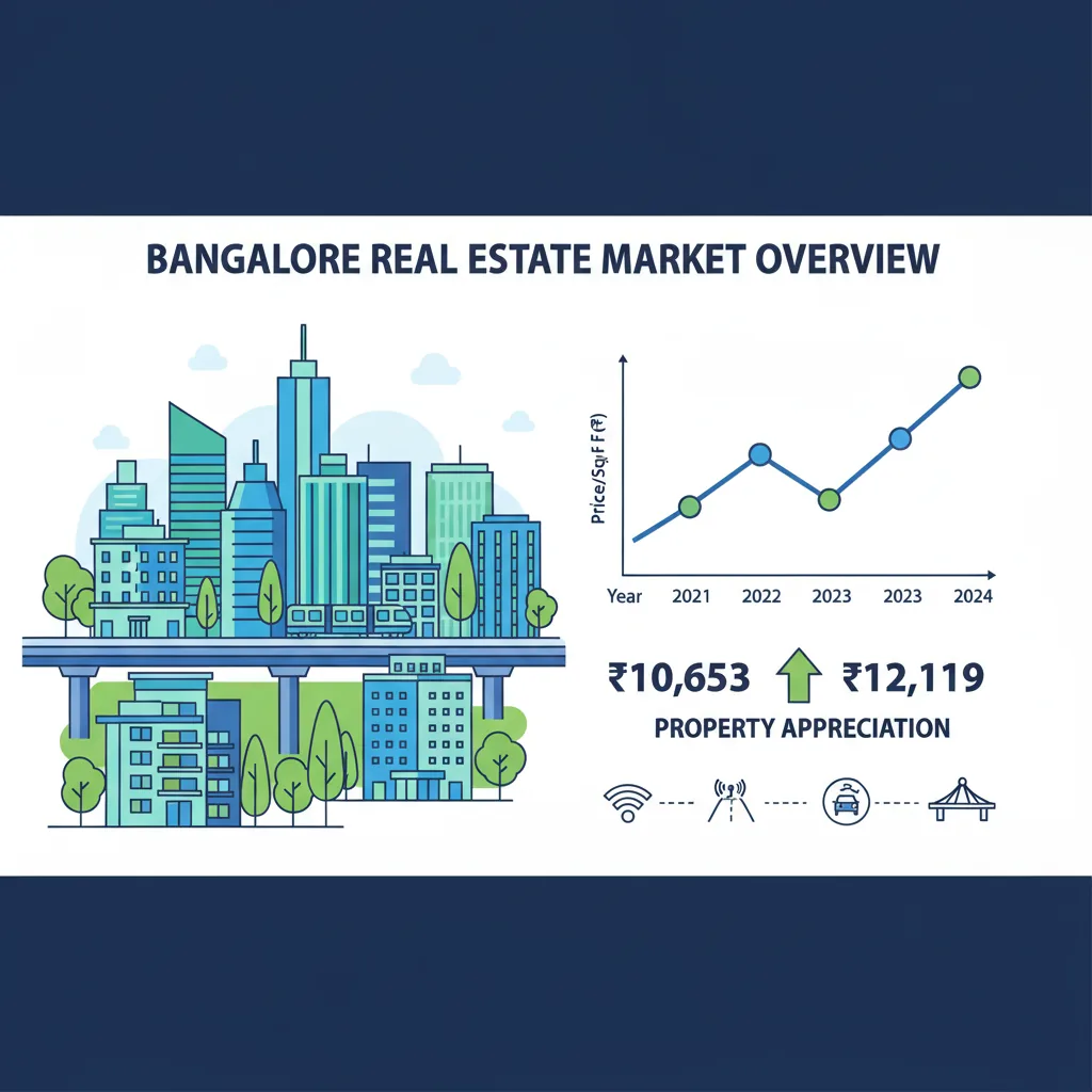 Is it worth buying property in Bangalore? Bangalore real estate infographic showing property appreciation from ₹10,653 to ₹12,119 per sq ft and metro connectivity