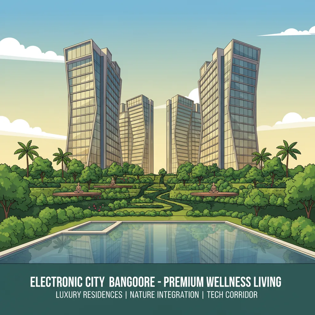 Luxury Apartments in Electronic City - Modern luxury residential towers with glass facades rising above lush green landscaped gardens