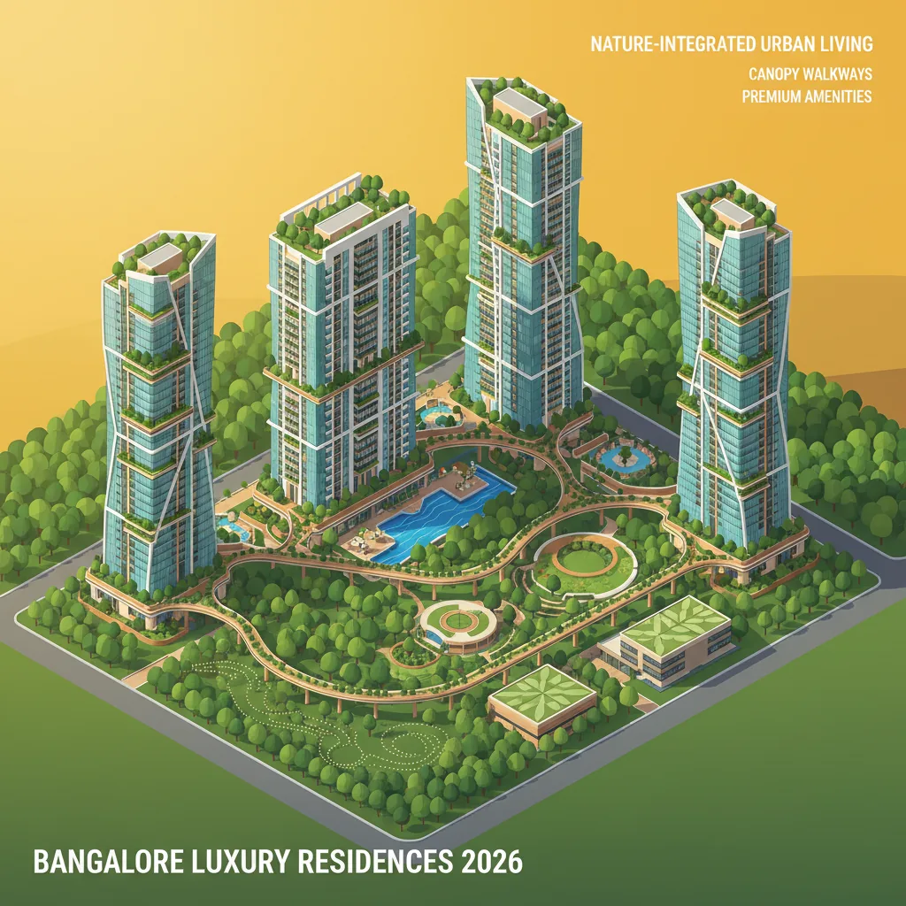 Modern luxury residential towers at Purva Silver Sky in Bangalore surrounded by lush green forest landscape