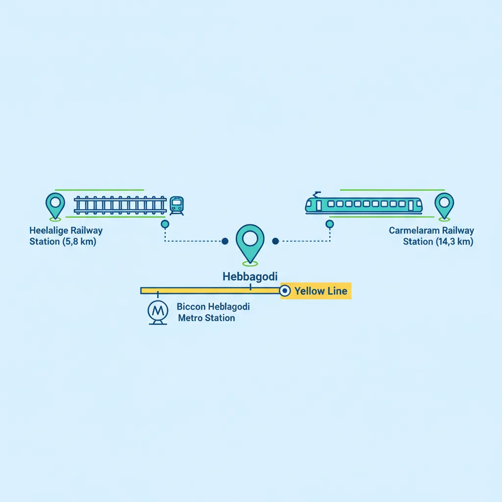 Hebbagodi railway connectivity map showing Heelalige Station, Carmelaram Station, and Biocon Metro Station