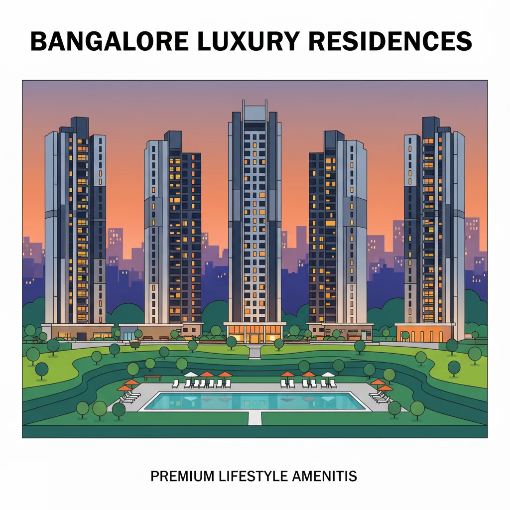 Modern luxury residential apartment complex in Bangalore with high-rise towers, lush green open spaces, and contemporary architecture