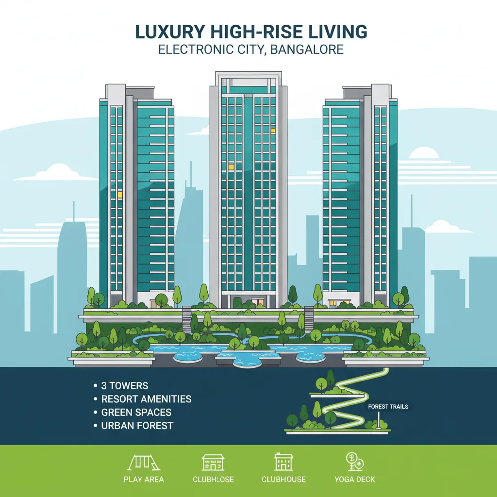Modern luxury high-rise residential towers in Electronic City Bangalore with 3 sleek glass and concrete towers and lush green landscaping