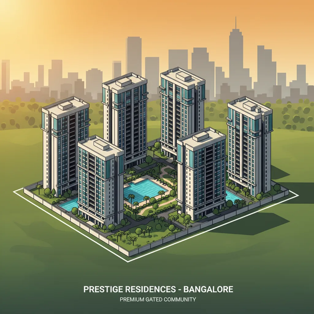 Aerial view of modern luxury residential apartment complex in Bangalore featuring premium gated community with landscaped gardens and contemporary towers