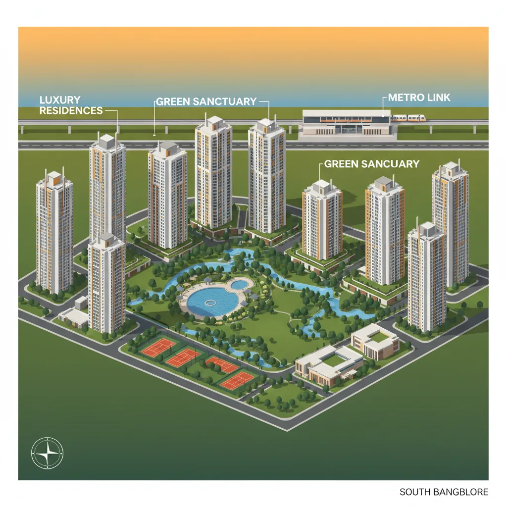 Modern luxury residential township aerial view in South Bangalore with high-rise towers and green spaces