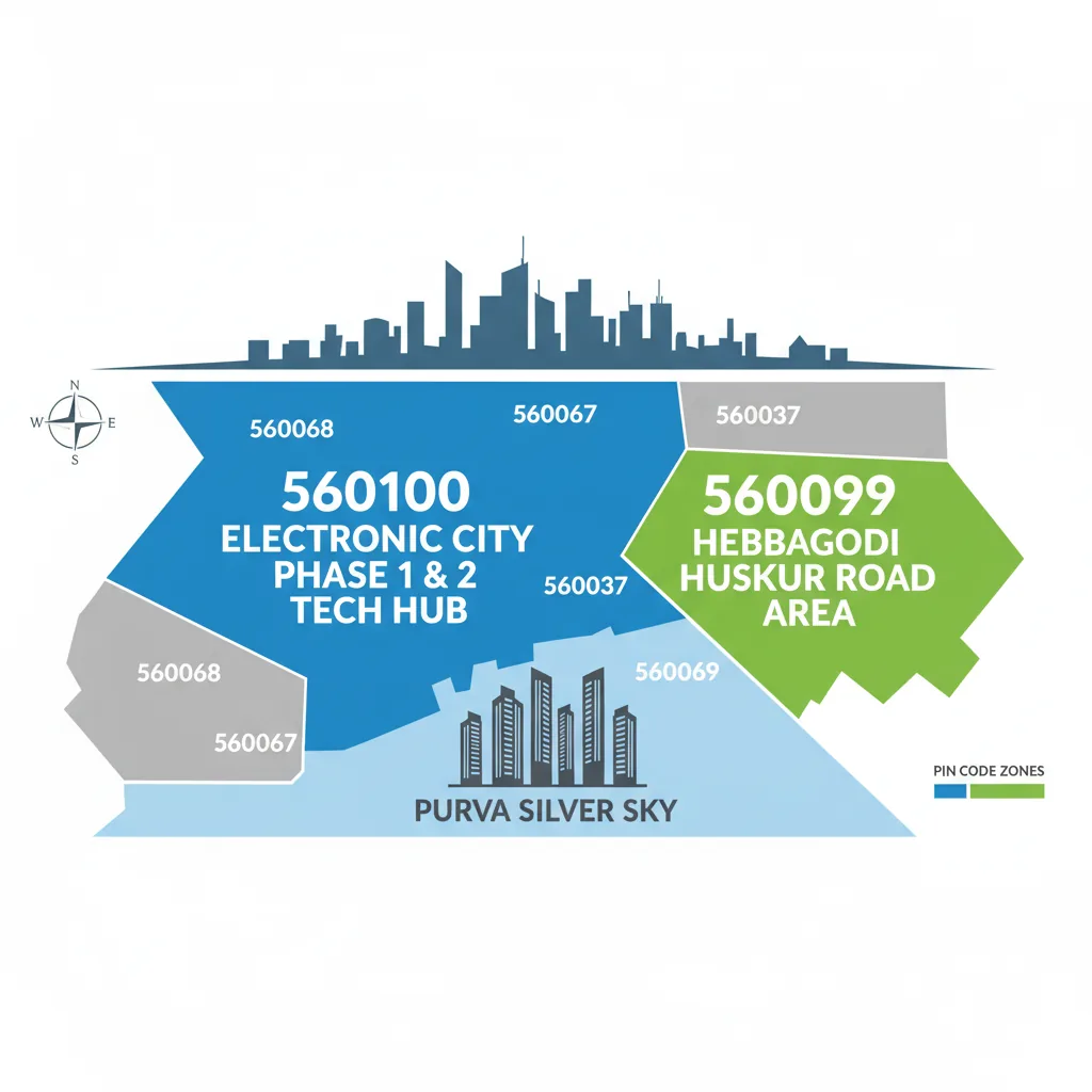 Infographic showing Bangalore Electronic City postal zone map with pin codes 560100 and 560099, highlighting Purva Silver Sky location