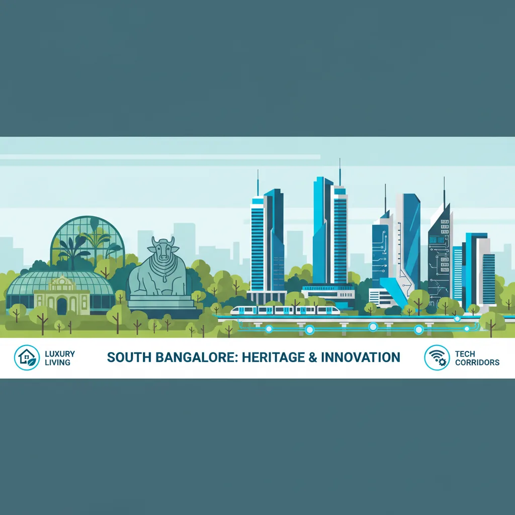 South Bangalore cityscape with heritage landmarks and luxury residential towers rising above green urban forest canopy