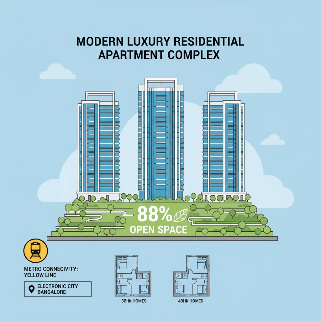 Modern luxury residential apartment complex infographic showing 3 high-rise towers with contemporary glass architecture, lush green landscaped gardens representing 88% open space, metro connectivity icon for Yellow Line, located in Electronic City Bangalore, premium 3BHK and 4BHK homes visualization