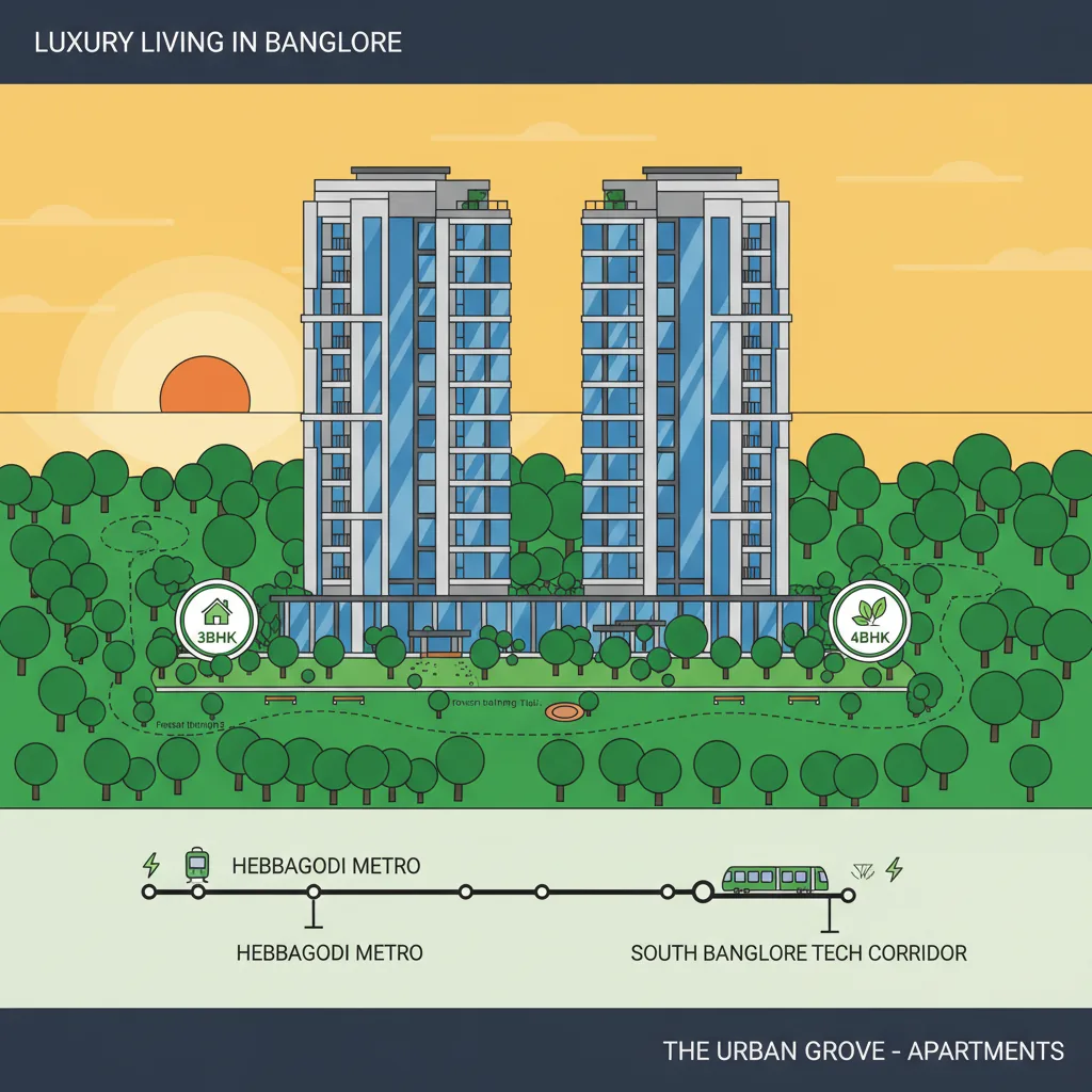 Pre Launch Apartments in Hebbagodi - Modern luxury residential apartment complex featuring sleek glass towers and urban forest concept