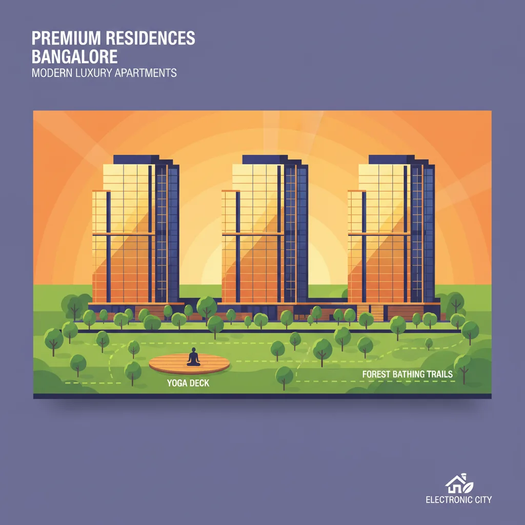 Modern luxury residential apartment towers in Bangalore at sunset with lush wellness gardens and yoga deck amenities