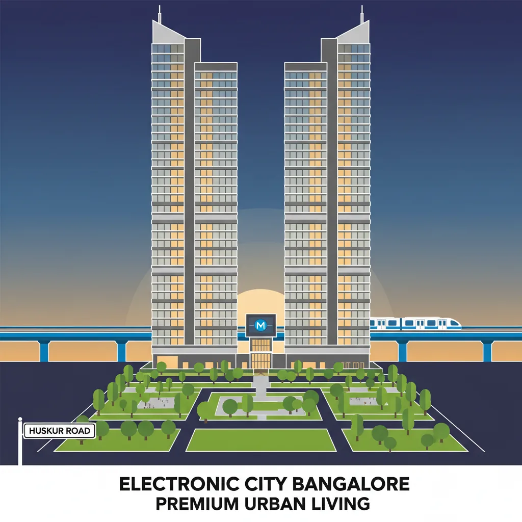 Modern luxury residential high-rise apartment complex in Electronic City Bangalore with lush gardens and evening sky