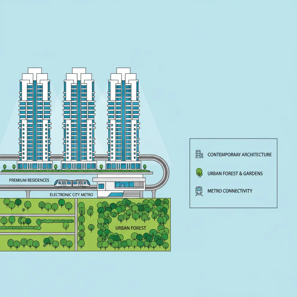 Modern luxury residential apartment towers in Electronic City Bangalore with metro connectivity and lush green spaces