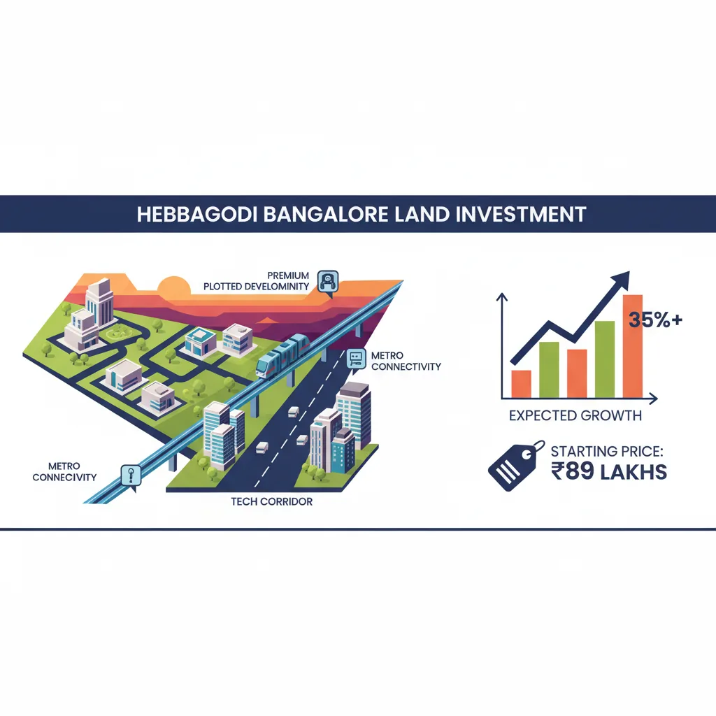 Modern real estate infographic showing Hebbagodi Bangalore land investment with plotted development community and metro connectivity