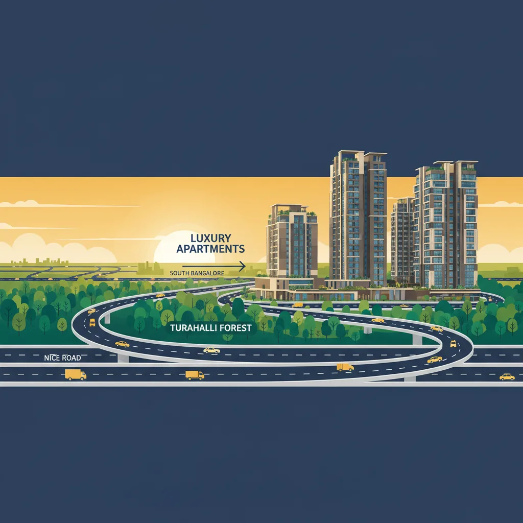 Modern luxury residential towers in South Bangalore with NICE Road and Turahalli Forest views, showcasing urban connectivity and contemporary architecture