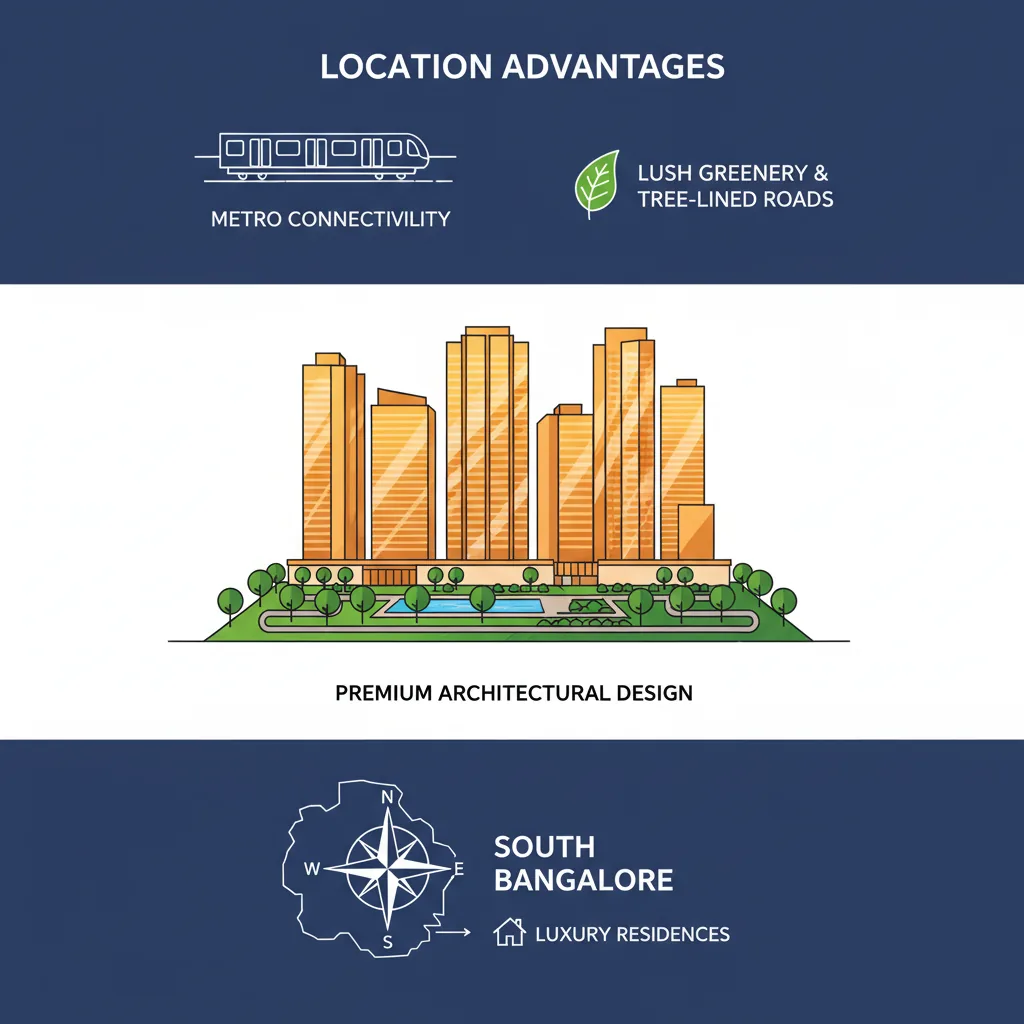 Modern luxury residential apartment complex in South Bangalore with sleek high-rise buildings, lush greenery, and premium architectural design