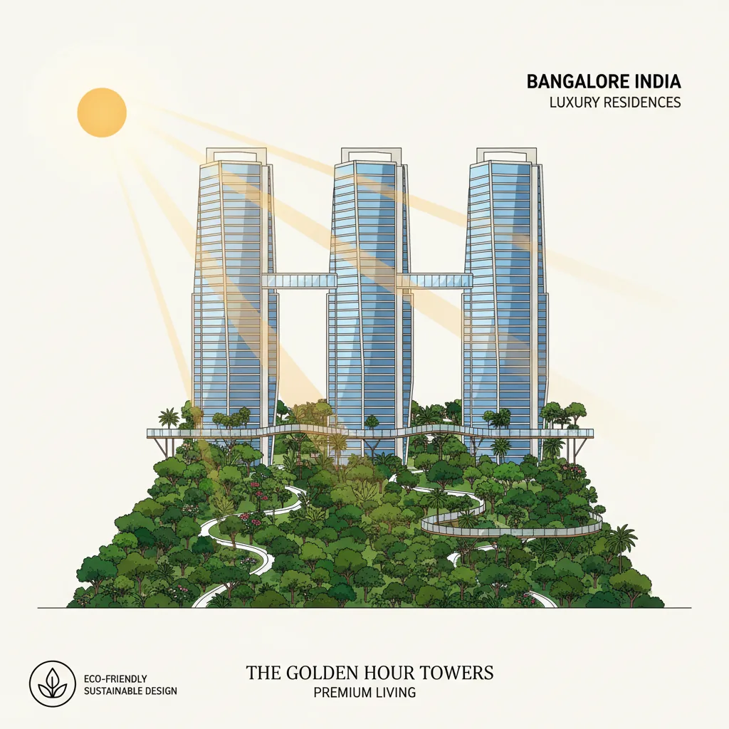 Modern luxury residential real estate development in Bangalore India with three elegant 32-storey towers amid lush green urban forest, forest bathing trails and canopy walkways