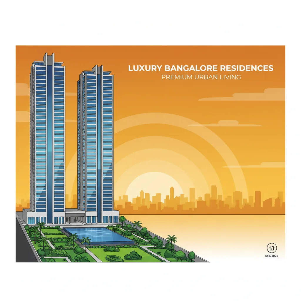 Modern luxury residential high-rise towers in Bangalore at sunset with landscaped gardens