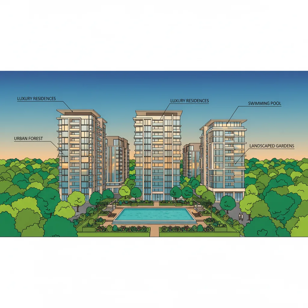 Modern luxury residential towers in South Bangalore surrounded by lush green trees and urban forest landscape